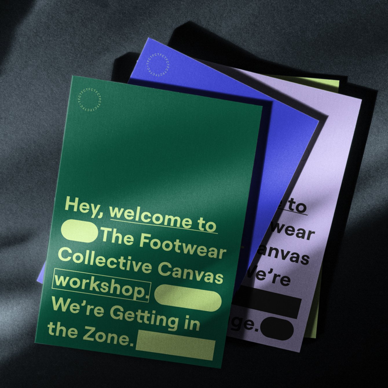 Colorful flyers promoting a workshop at The Footwear Collective Canvas with the text 'Hey, welcome to The Footwear Collective Canvas workshop. We're Getting in the Zone.'