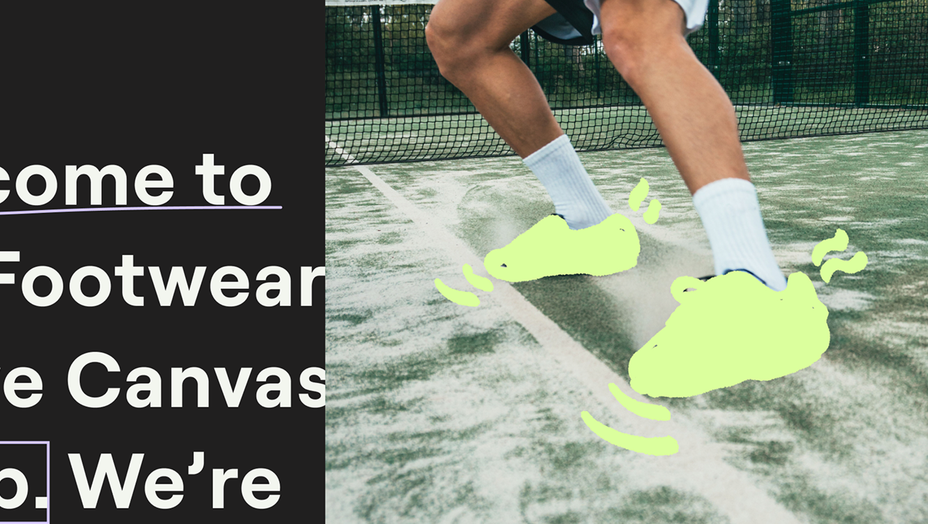 A person wearing white athletic socks and blue shoes is on a tennis court, with colorful animated shoe illustrations added to the photo.