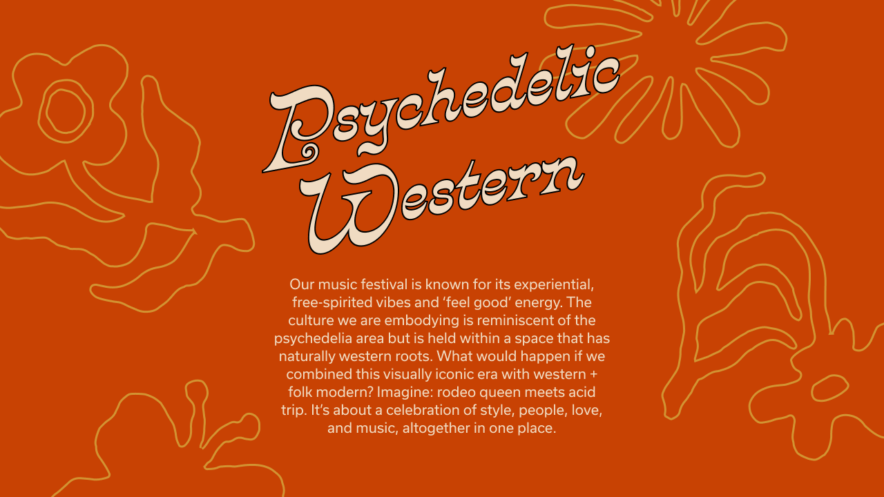 An orange conceptual write-up for a music festival. The concept is called "Psychedelic Western" with stylized flower and swirl outlines and a paragraph describing the concept.