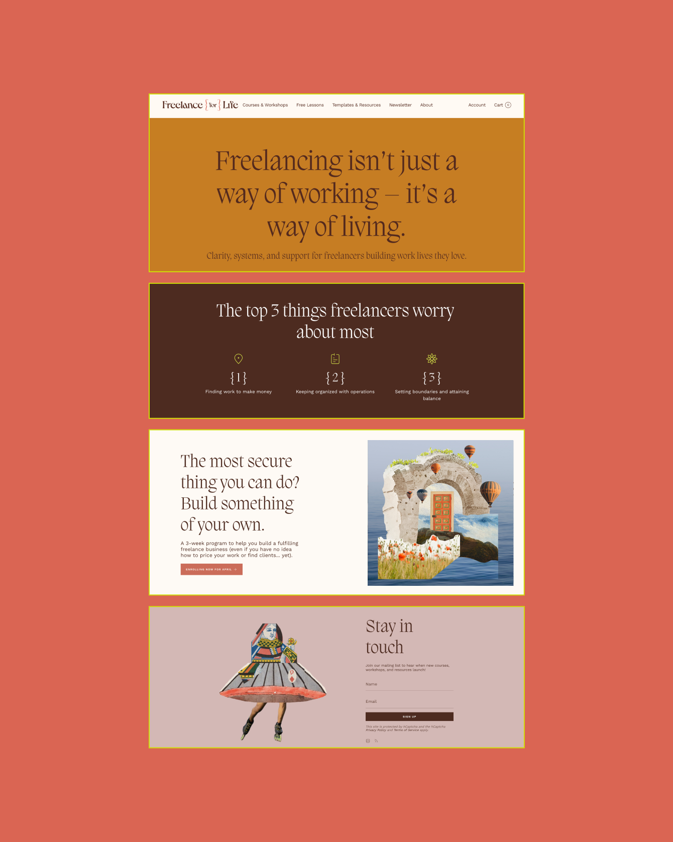 Screenshot of a website titled 'Freelance for Life' with sections about freelancing, building your business, and staying in touch, featuring colorful graphics and text.