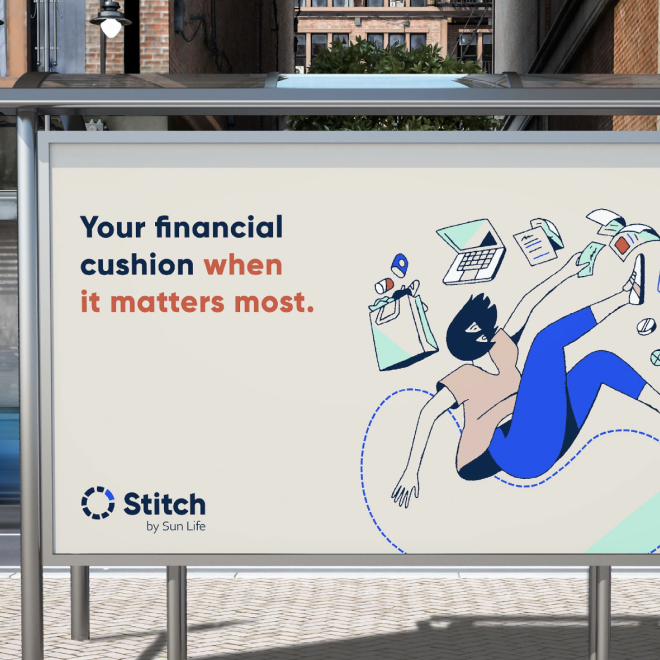 Billboard advertisement for Stitch by Sun Life featuring a cartoon woman floating amidst financial items like a calculator, documents, and payment cards, with the tagline 'Your financial cushion when it matters most.'