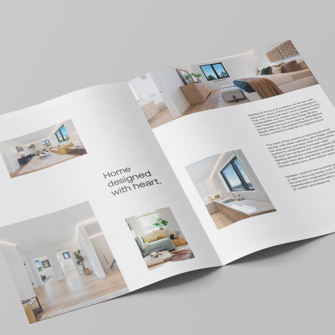 An open interior design brochure showcasing modern, bright living spaces with large windows, minimalistic furniture, and a cozy home atmosphere.