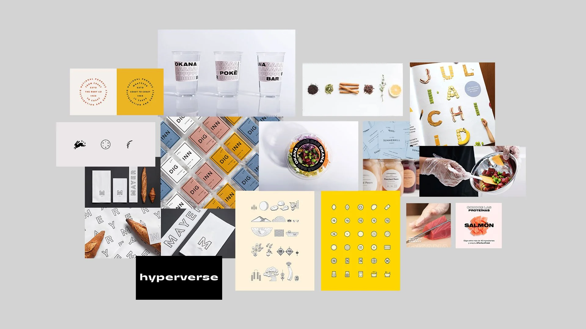 A moodboard of various items, including three clear glasses with printed labels, food ingredients, colorful packaging, logo designs, and food preparation scenes. There are also illustrations, text, and branding elements related to food and beverage.