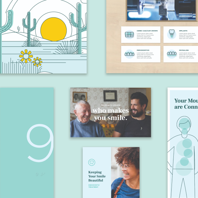 A collage of dental and healthcare-related posters and illustrations on a light blue background, including a stylized desert scene with cacti and a yellow sun, and images of people smiling.