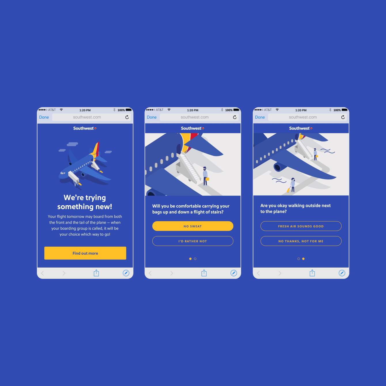 Three mobile phone screens displaying Southwest Airlines app interface with illustrations of an airplane and passengers, featuring announcements and questions about flight preparations.