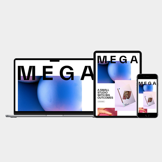 Display of digital devices including a laptop, tablet, and smartphone showing a website with large 'MEGA' text and visuals of a blue sphere and promotional content.