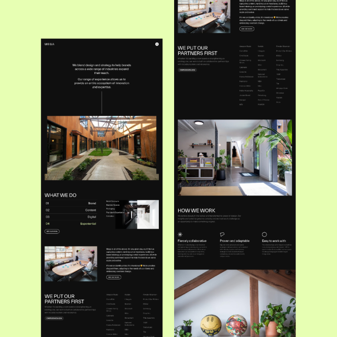 Screenshots of a modern website design with black background and white text, showcasing sections about company work, team, and workspace images, including a courtyard, interior with stairs, and plants.