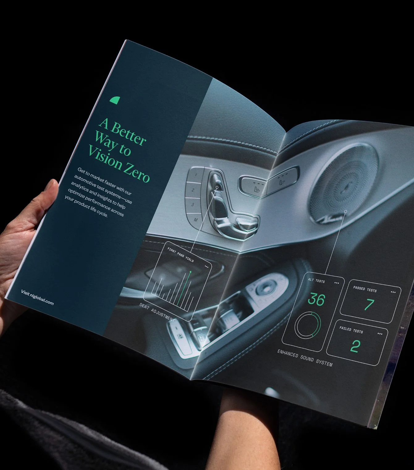 Open brochure displaying information about automotive testing and insights, including stats on sound system tests and seat adjustments, with a focus on vision zero.