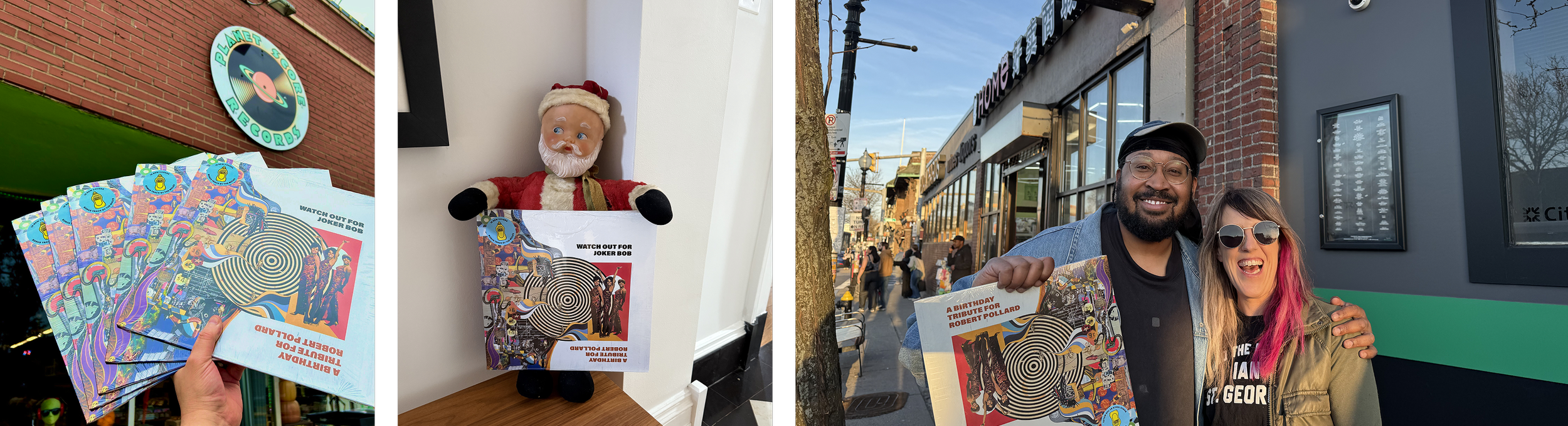 Left: A hand holding multiple copies of an  titled "A Birthday Tribute for Robert Pollard" with a colorful, psychedelic cover design. Center: A vintage Santa Claus doll with a plush white beard, red outfit, and a Santa hat, sticking out from a white box on a shelf. Right: Two smiling people outdoors on a sidewalk, one with a beard, glasses, and a cap, holding the same magazine, and the woman with colorful hair and sunglasses, standing close together.