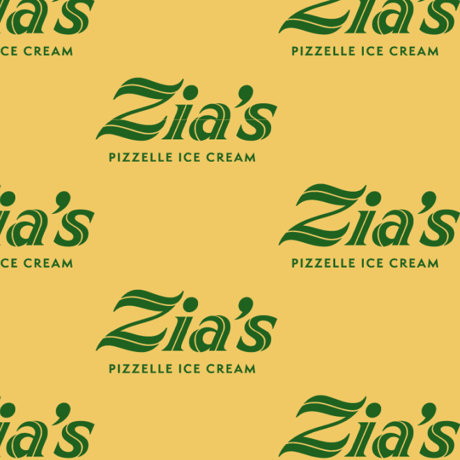 Pattern with Zia's Pizzelle Ice Cream logo repeated on a yellow background.