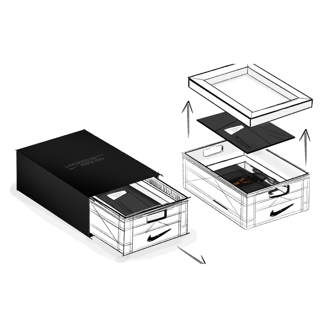 Diagram showing a shoe box being opened with a sliding drawer and an inner shoe tray.