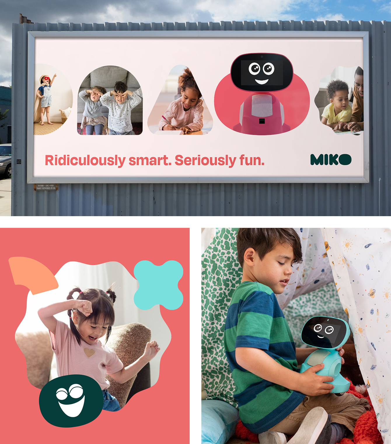 Billboard ad featuring children interacting with a friendly robot, including kids posing, playing, and exploring with the robot in various settings, along with promotional text 'Ridiculously smart. Seriously fun.' and the brand name 'MIKO'.