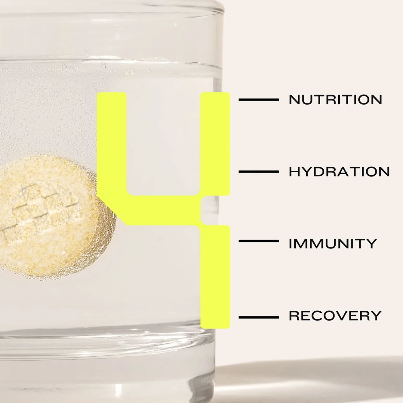 Diagram of a water glass with a supplement tablet dissolving, labeled showing levels for nutrition, hydration, immunity, and recovery.