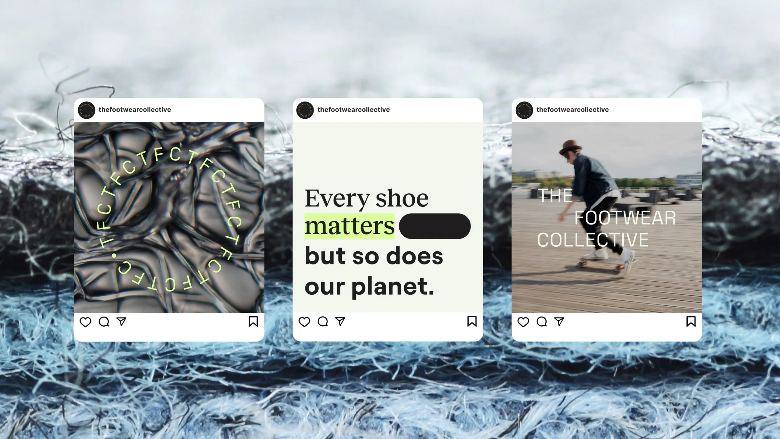Three social media posts from the foot wear collective, with the background of tangled synthetic fibers and a skateboarder.