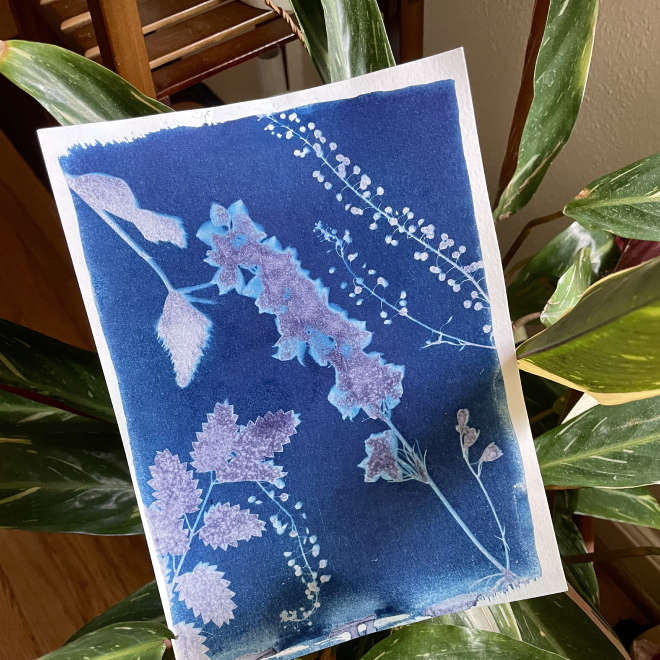 A piece of artwork with blue and purple botanical designs blended on a dark blue background, placed among green houseplant leaves.