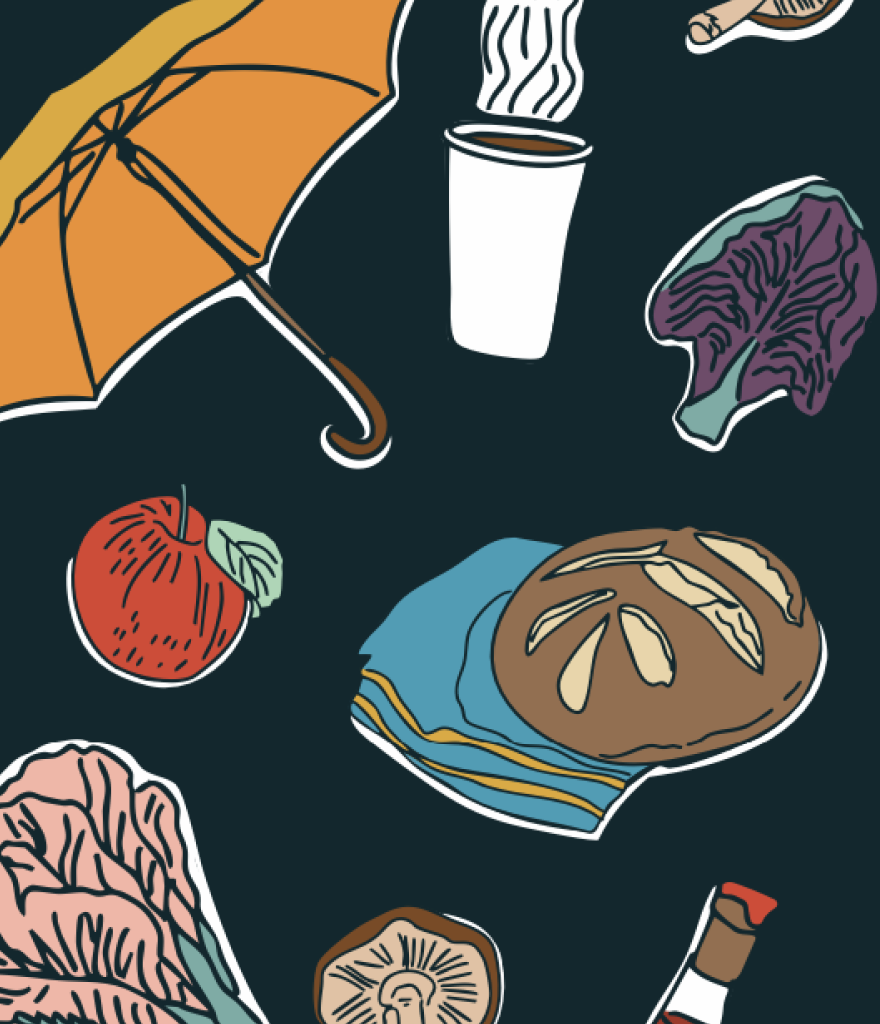Various farmers market-themed illustrations, including an orange umbrella, a cup of hot beverage, a red apple, purple lettuce, bread on a blue cloth, a mushroom, and a piece of cooked meat on a dark background.