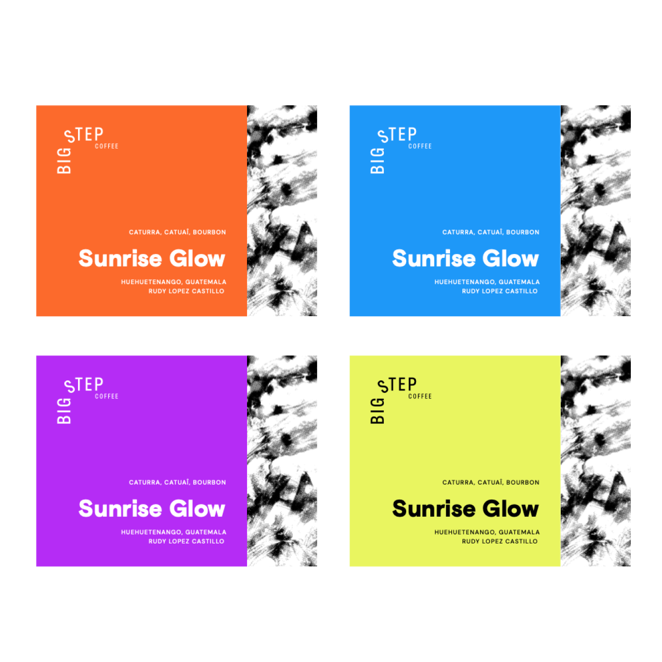 Four colorful coffee packaging labels with black and white abstract patterns on the right side, each in different colors: orange, blue, purple, and yellow, displaying the brand name 'Big Step Coffee' and the coffee variety 'Sunrise Glow' along with origin information and the name Rudy Lopez Castillo.