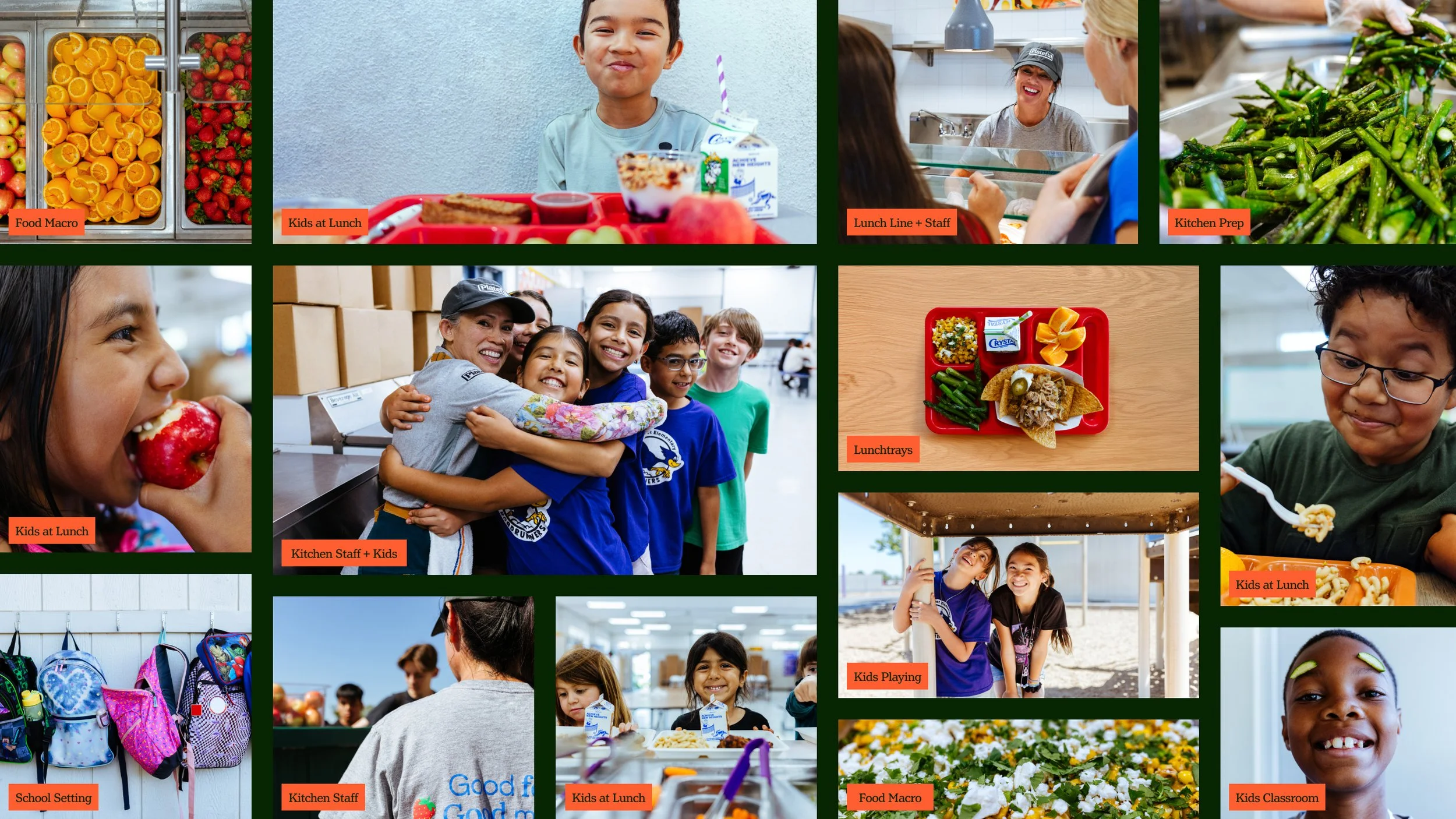 Collage of children and staff at a school lunch program. Images show kids eating, hugging, playing outside, and school setting with backpacks, food trays, and staff preparing food.