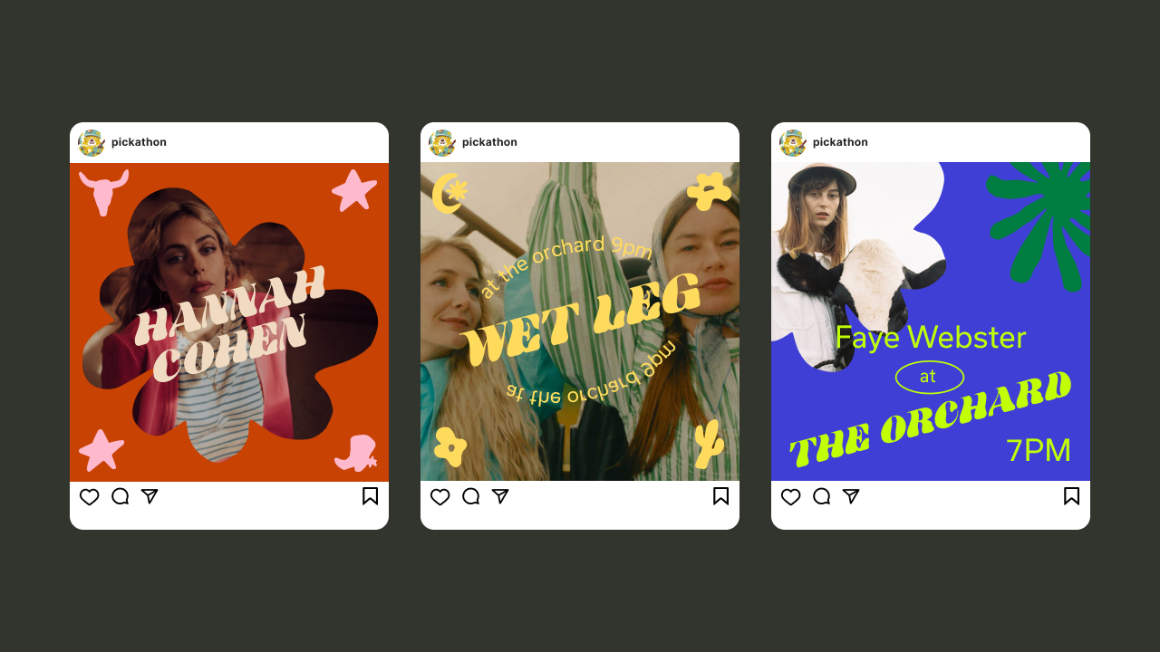 Three colorful social media event posters for performances of Hannah Cohen, Wet Leg, and Faye Webster, each featuring photos of the artists and decorative elements.