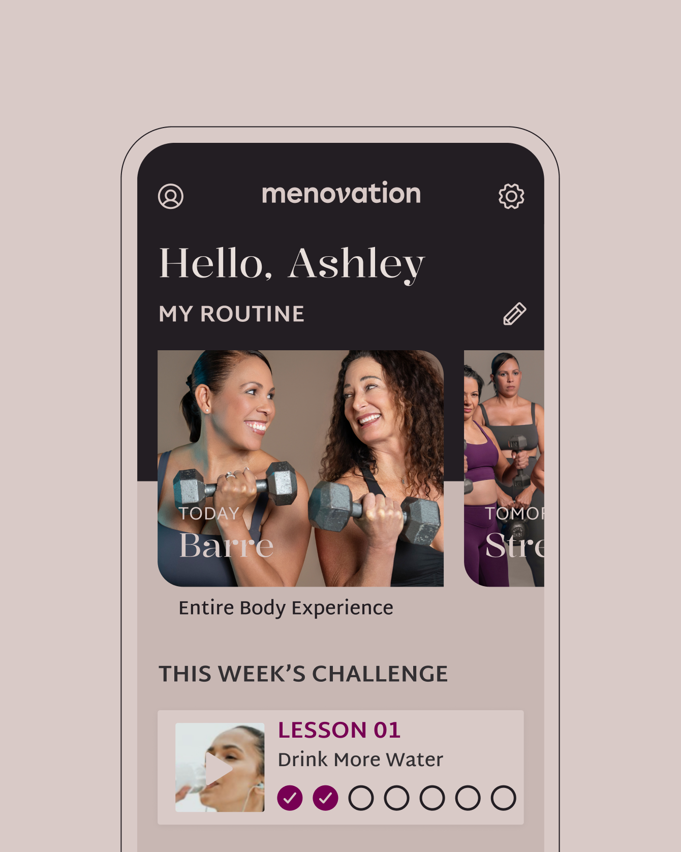 Mobile app screen showing a fitness routine with images of women lifting weights, the greeting "Hello, Ashley", and sections for workouts and challenges.
