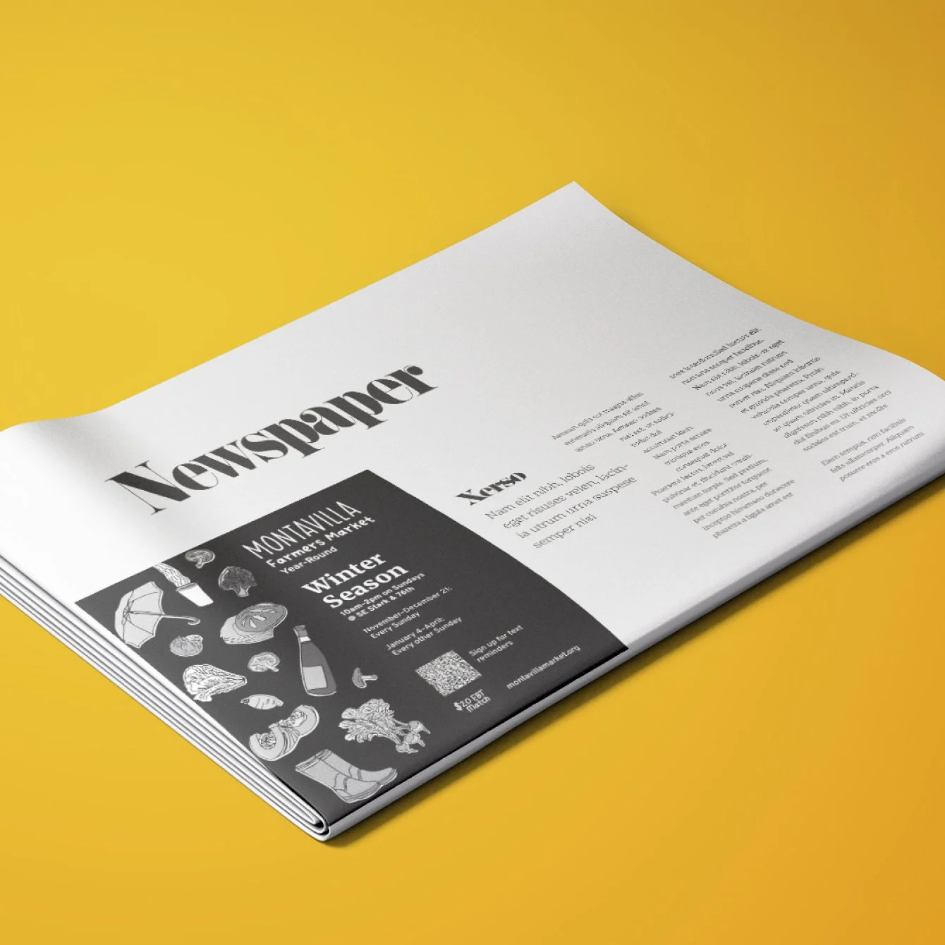 A black and white newspaper on a yellow background with headlines and illustrations, including vegetables, seafood, and kitchen items for a winter season festival advertisement.