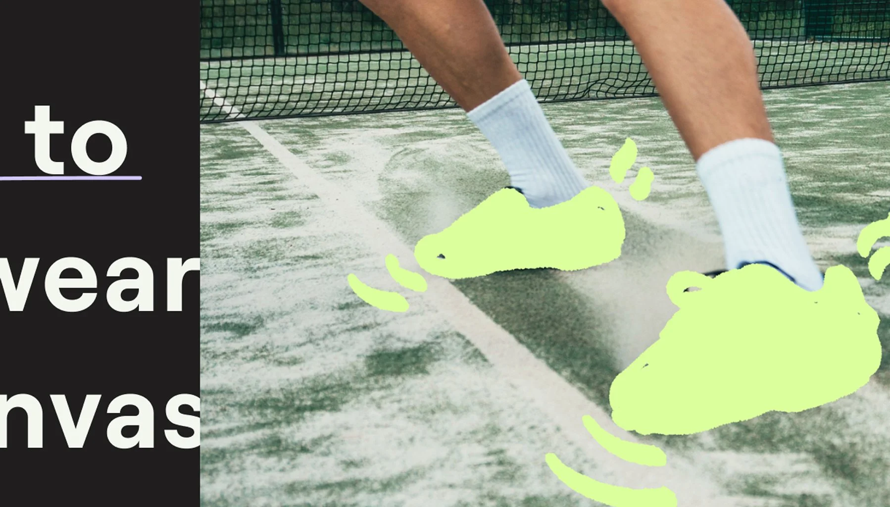 Close-up of a person wearing white socks and blue sneakers on a tennis court, with some illustrations of shoes and movement lines overlaid.