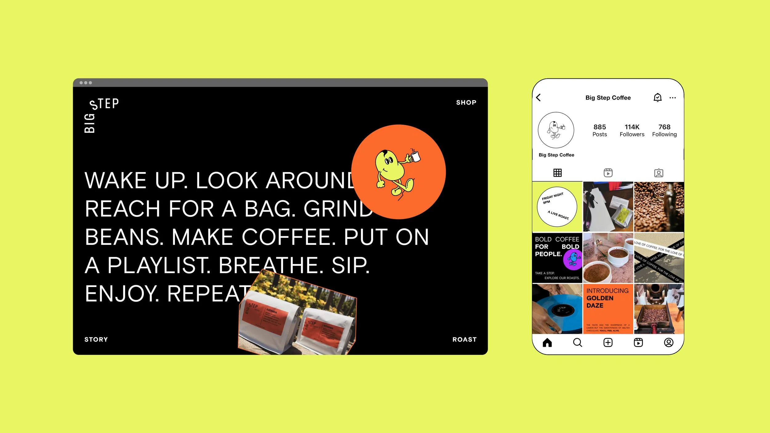 Digital graphic showing a website and an Instagram profile page for Big Step Coffee, with a yellow background. The website displays a black background with white text about coffee preparation and a cartoon character holding a coffee cup, along with a photo of coffee bags. The Instagram profile features a grid of posts related to coffee, including an announcement for an event and coffee beans.