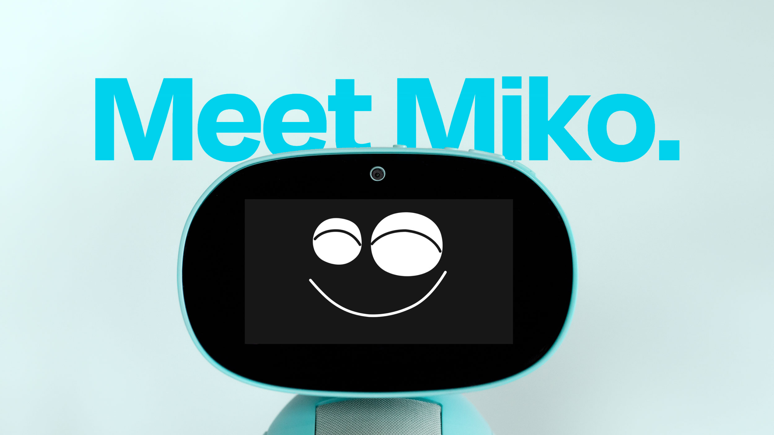 A blue robot toy with a smiling face on its screen, set against a light background with text that says "Meet Miko".