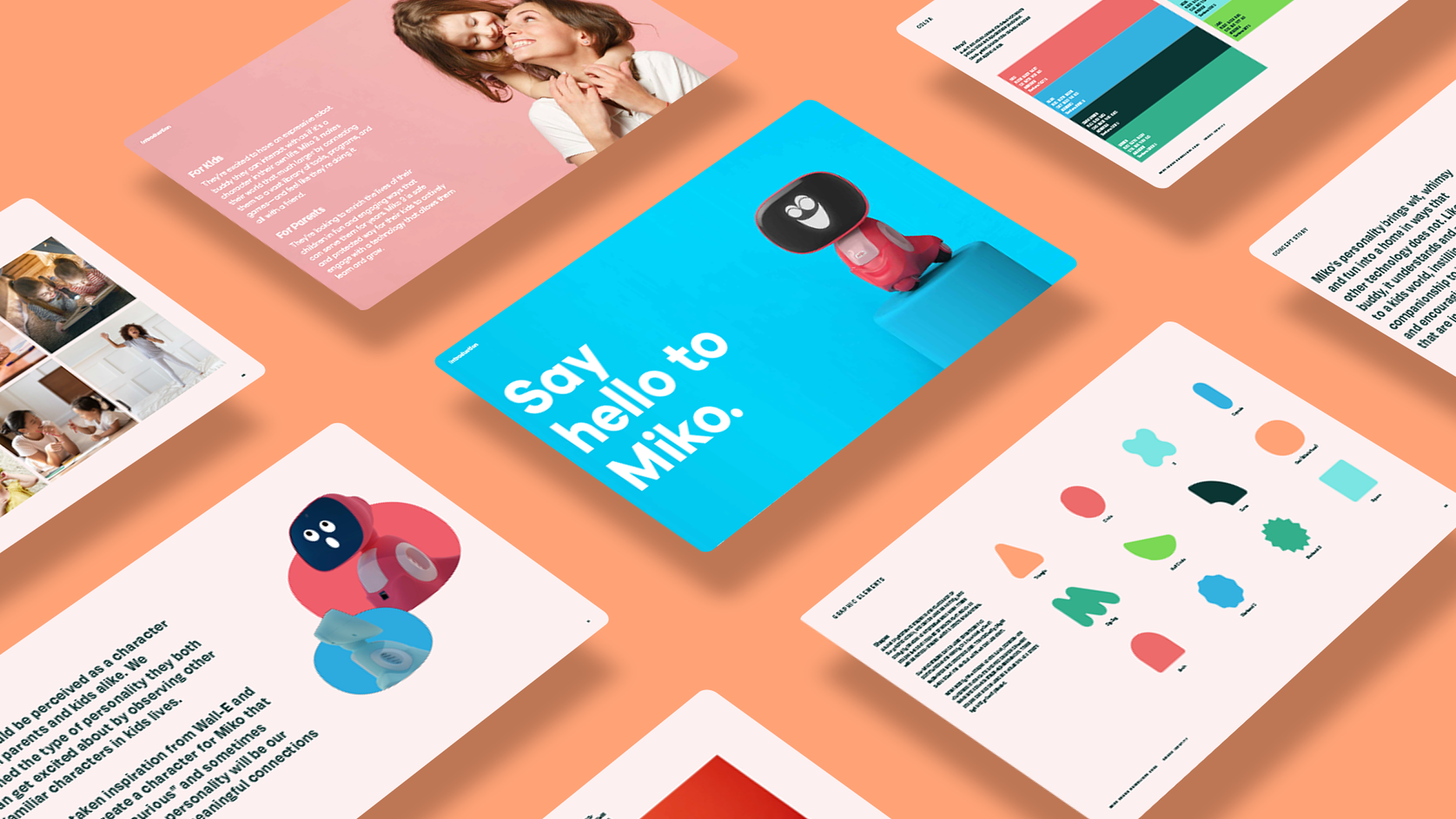 A collection of presentation slides and images related to Miko, a robot for kids. The slides include a test with a photo of children and a smiling woman, a colorful chart, a text section about Miko's personality, a character design comparison, and a welcome message with the text "Say hello to Miko." On the blue slide, there is an illustration of Miko with a smiling face.