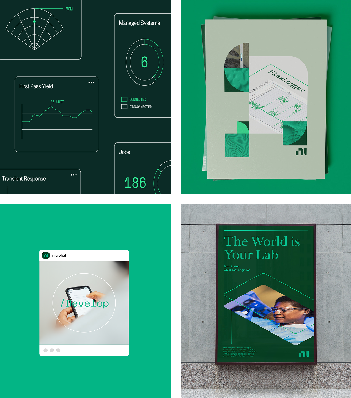 Collage of four images related to technology and innovation. Top left shows a digital dashboard with graphs and system status indicators. Top right displays stacked brochures or reports with a cover titled 'FlexLogger.' Bottom left features a person holding a smartphone with the word 'Develop' on the screen. Bottom right is a poster on a concrete wall titled 'The World is Your Lab' featuring a person working with scientific equipment.