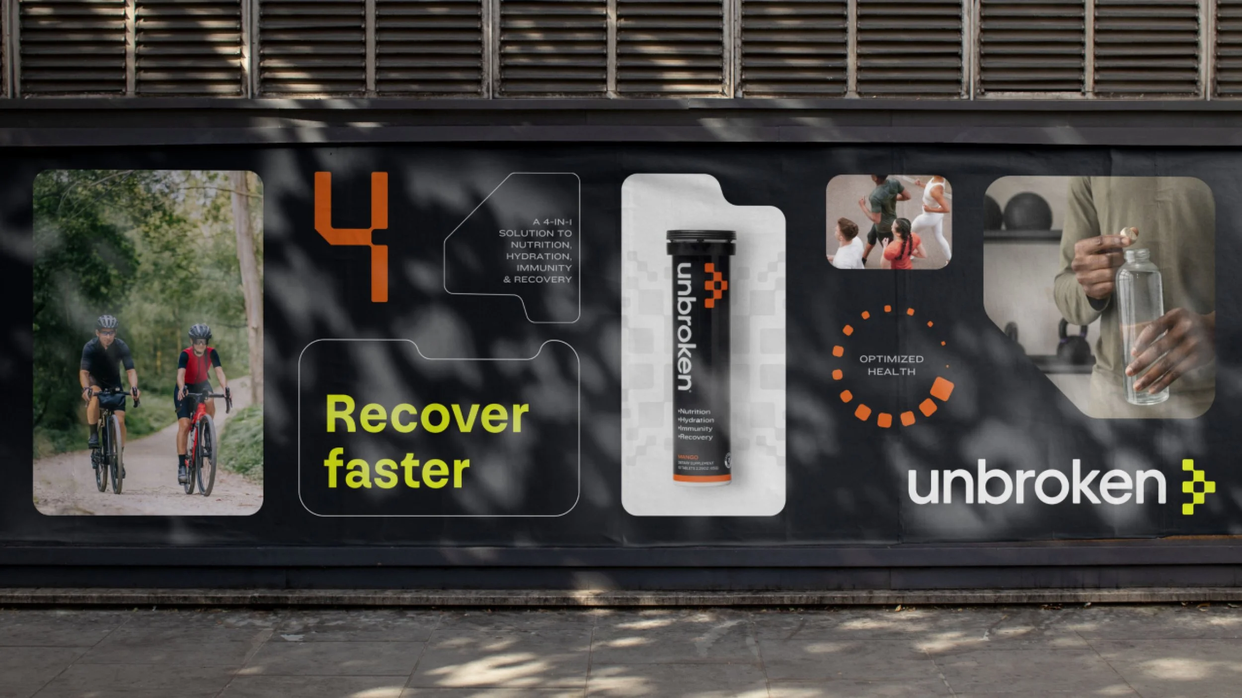 Advertisement featuring a product called unbroken, aimed at promoting faster recovery through hydration, nutrition, immunity, and energy. The ad shows two cyclists riding on a trail, a bottle of unbroken health supplement, and people engaging in fitness activities, with text highlighting benefits like 'Recover faster' and 'optimized health'.