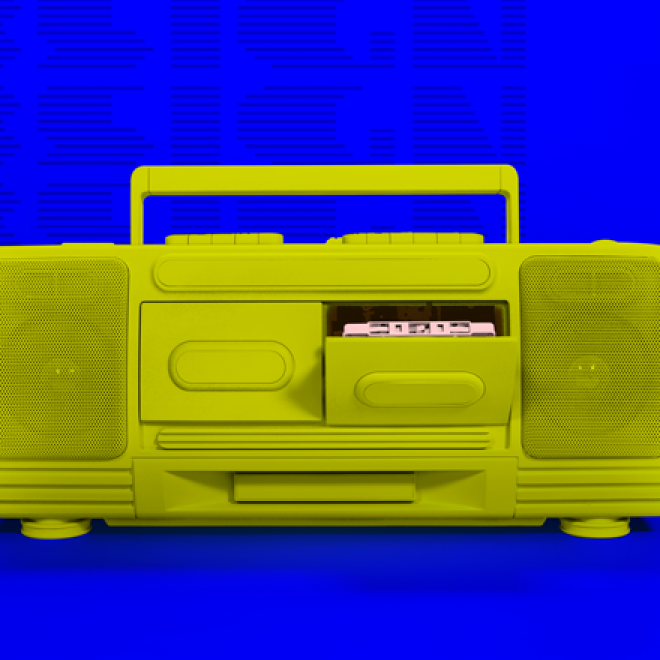A lime green vintage boombox with cassette tape deck and speakers, placed against a blue background.