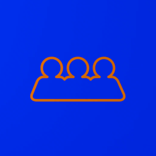 Digital outline of three people sitting at a table on a blue background.
