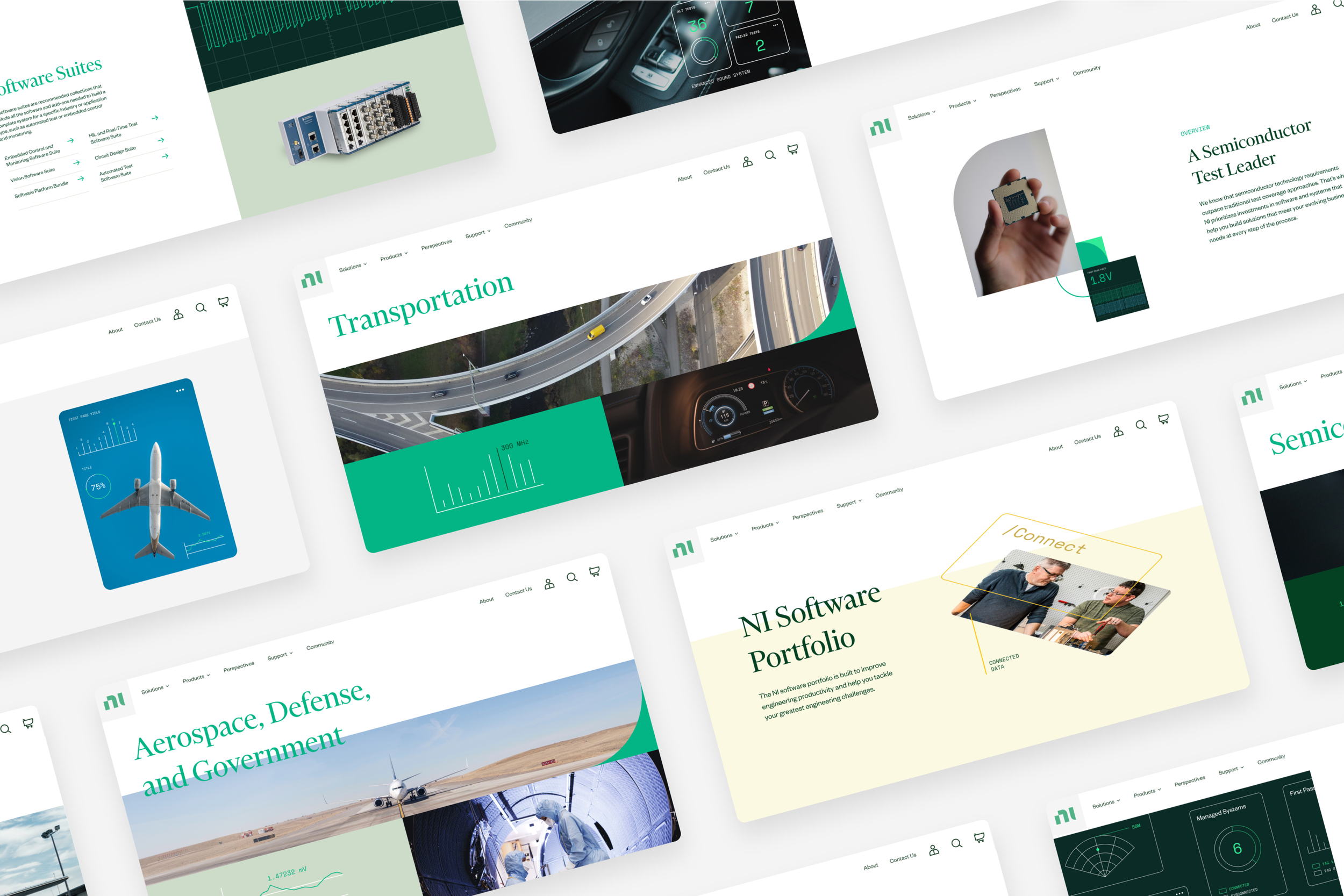 A collage of multiple website mockup screens showcasing various technology and engineering projects, including aerospace, transportation, semiconductors, and software portfolios.