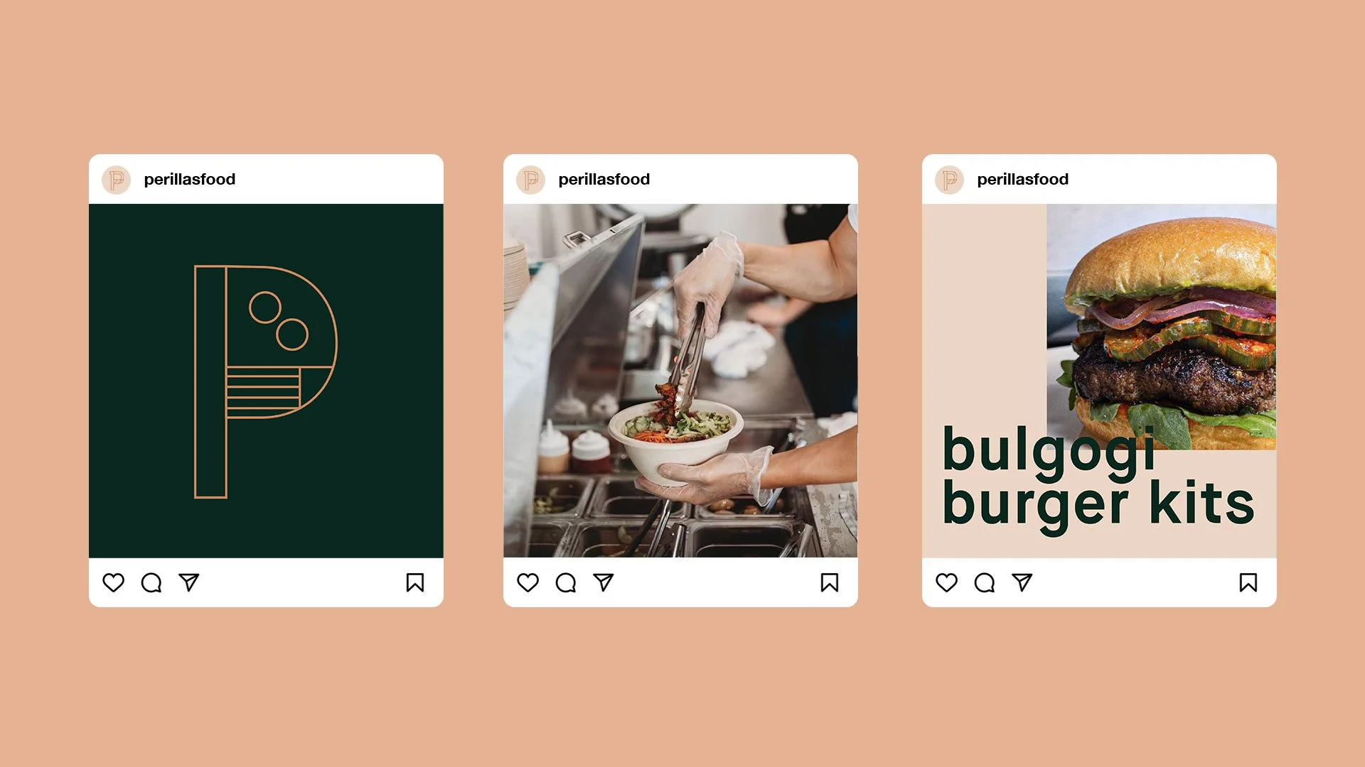 Three social media posts from Perilla's Food. The first shows a stylized letter 'P' outline on a dark green background. The second shows a person serving food in a bowl. The third shows a close-up of a burger with lettuce, pickles, onions, and a beef patty, with the text 'bulgogi burger kits' overlaid.