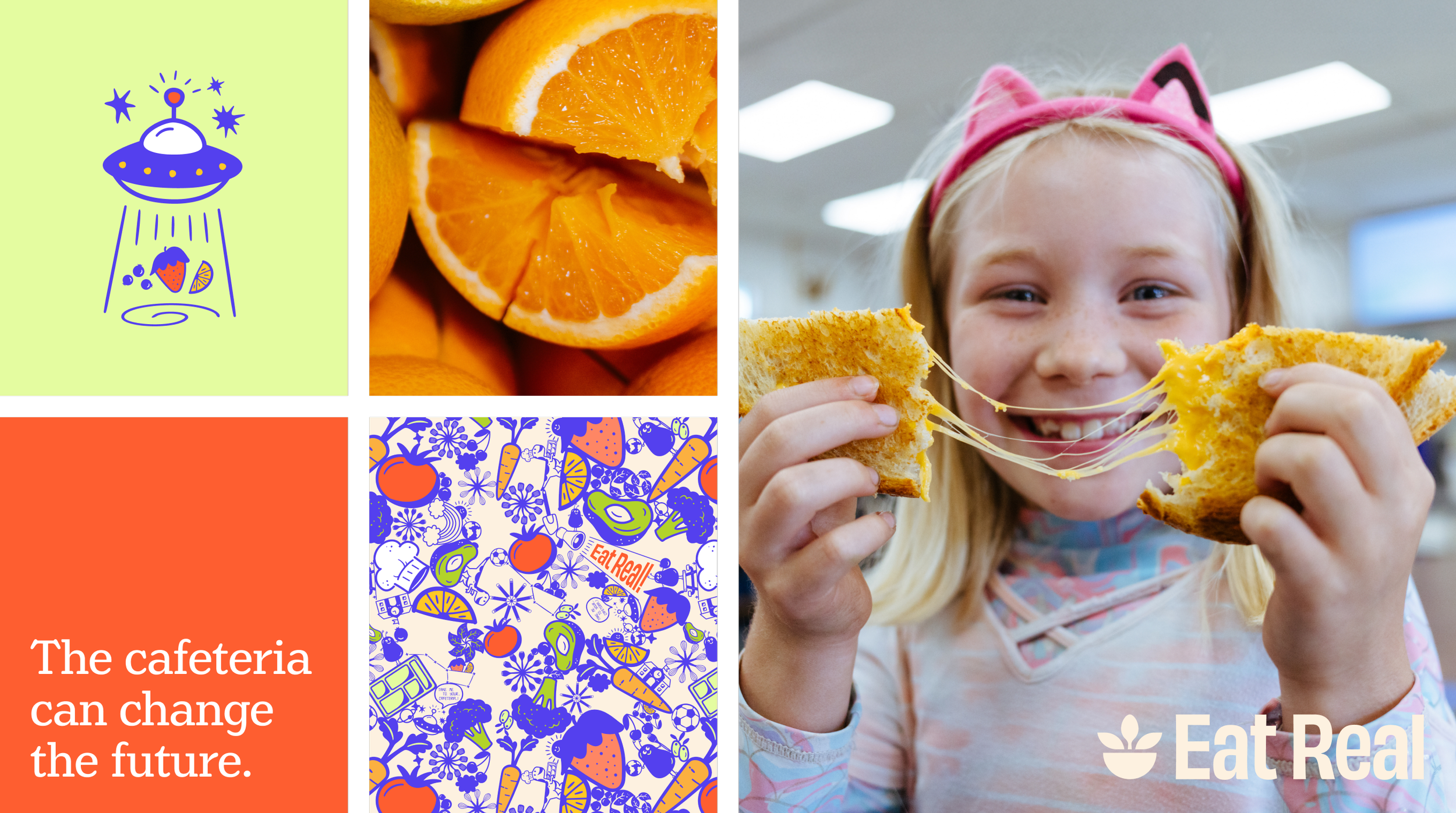 A young girl smiling and pulling apart a grilled cheese sandwich with melted cheese stretching out, inside a cafeteria with the Eat Real logo at the bottom right.