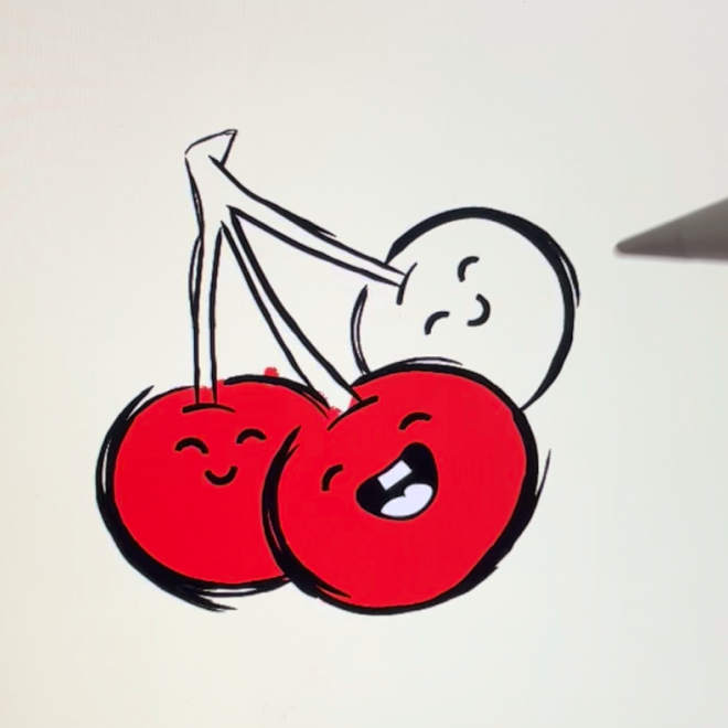Cartoon cherries with happy faces, two red cherries and one white cherry, all smiling and connected by stems.