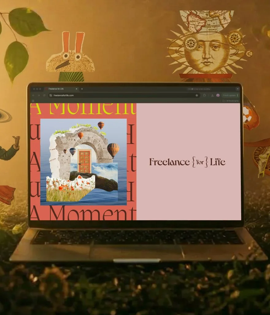 Laptop screen displaying a website called Freelance for Life with a collage of a stone arch, hot air balloons, a door, and flowers. The background of the photo features illustrations of a rabbit character and a sun with a face.