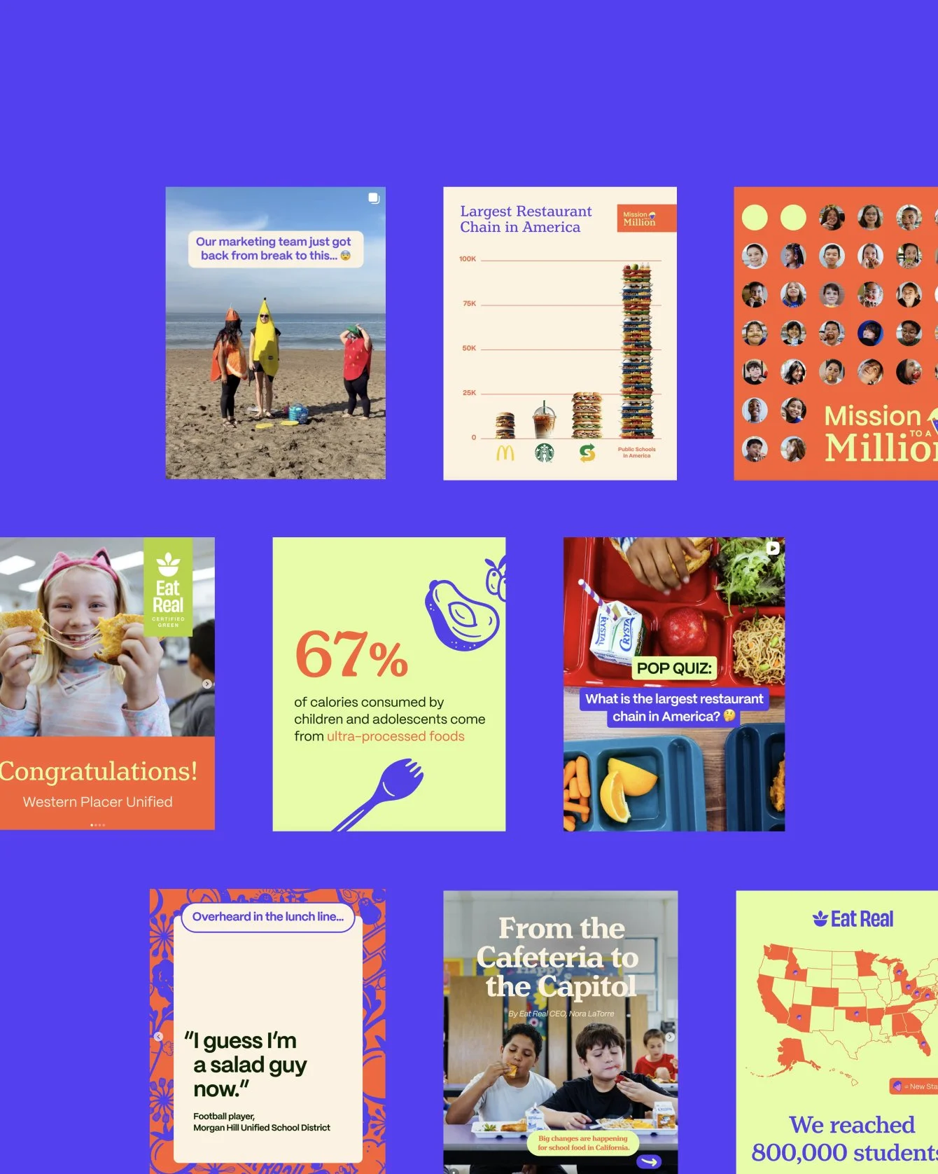 A collage of various food and school-related images, including children eating, a restaurant chain comparison chart, and graphics about ultra-processed foods and student achievements.
