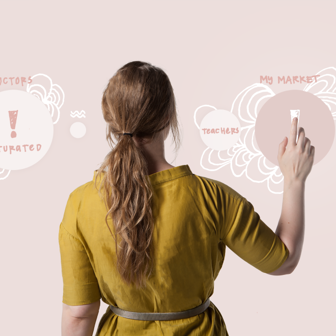 Woman in yellow dress writing on a light-colored wall with digital illustrations of clouds and text like "My Market," "Teachers," and an arrow pointing to the right.