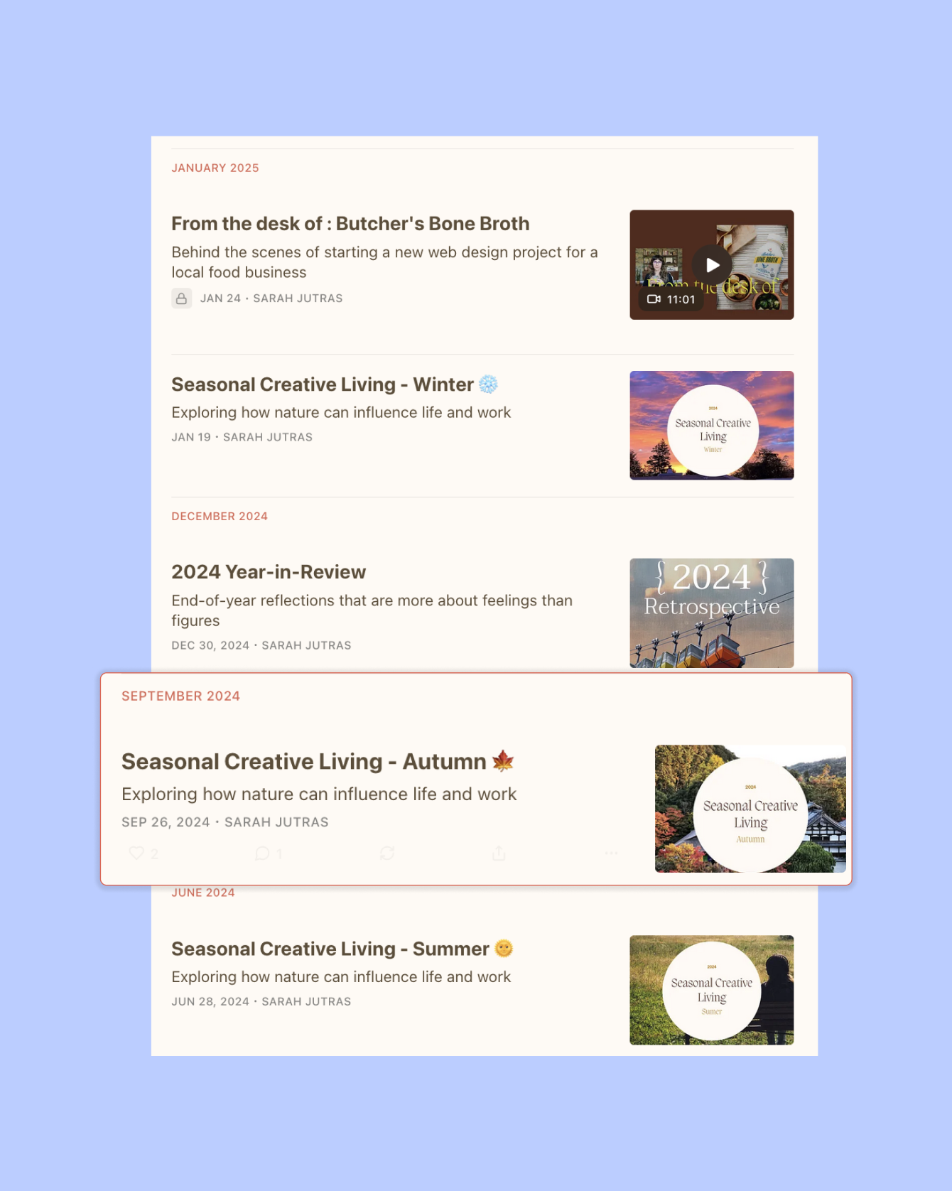 Screenshot of a blog or article list with titles such as 'From the desk of: Butcher's Bone Broth,' 'Seasonal Creative Living - Winter,' '2024 Year-in-Review,' 'Seasonal Creative Living - Autumn,' and 'Seasonal Creative Living - Summer,' each with corresponding thumbnails and publication dates.