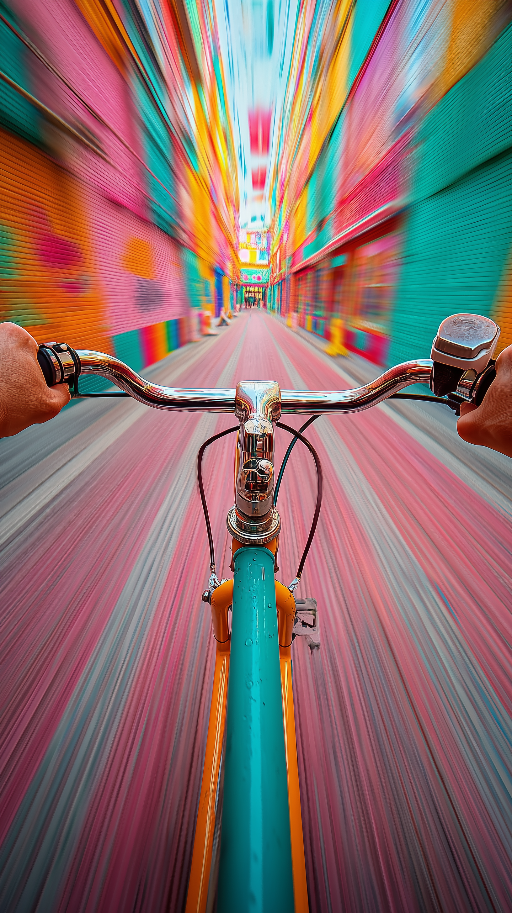 first POV of a rapid cyclist heading along a path
