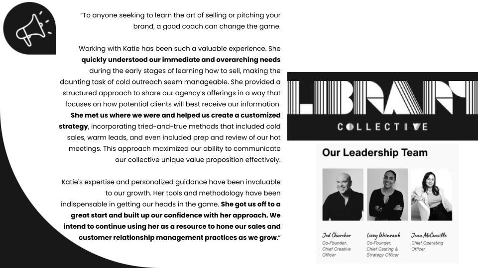 Testimonial about personal brand coaching by Katie, mentioning her structured approach and customized strategy. Includes a section titled 'Our Leadership Team' with photos and titles of three team members: Joel Chamber, Lizzy Weinraub, and Jenn McConville from Librant Collective, a creative agency.