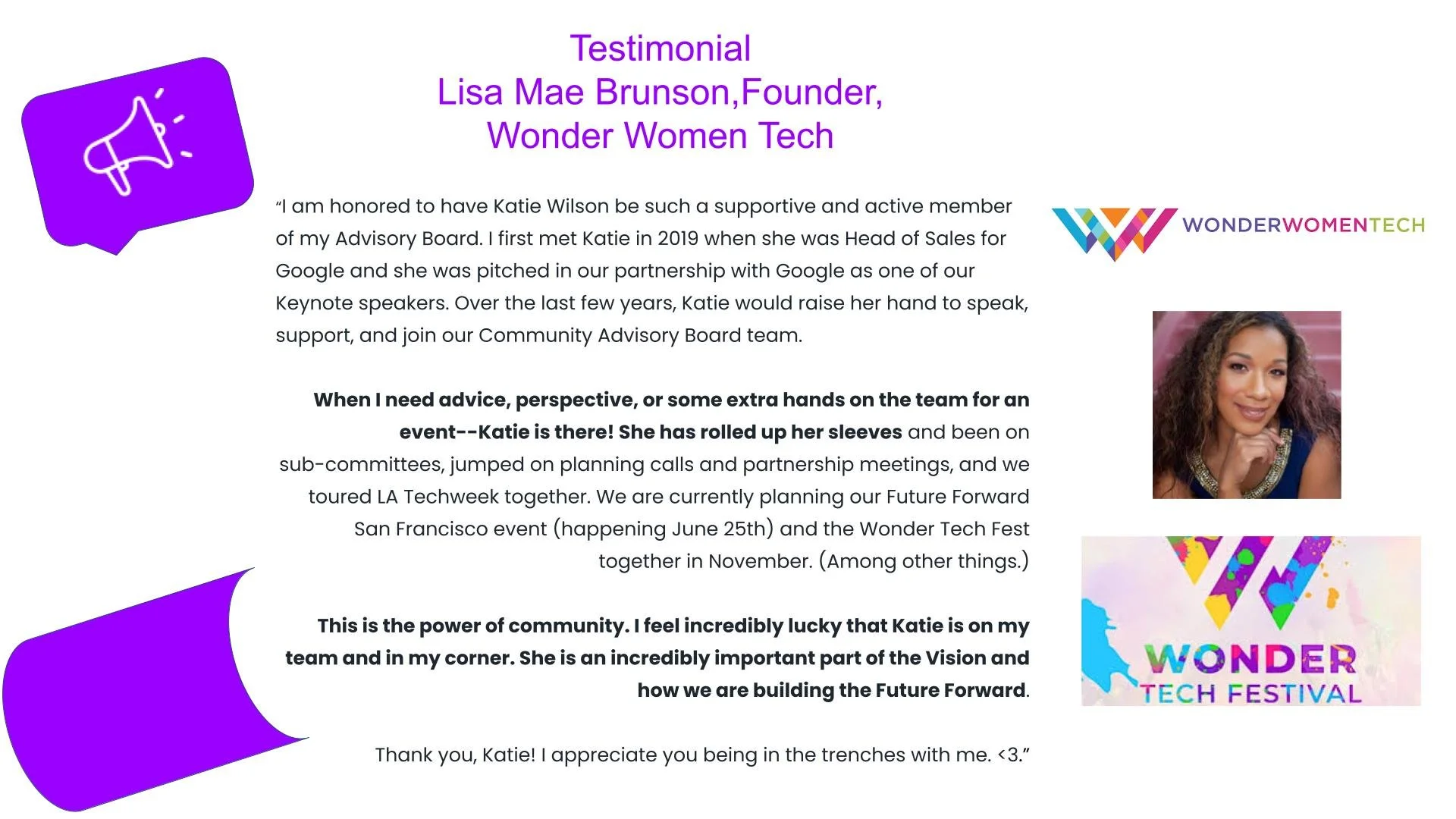 A testimonial for Katie Wilson featuring Lisa Mae Brunson, founder of Wonder Women Tech, with her photo, a purple megaphone icon, and the Wonder Tech Festival logo with vibrant colors.