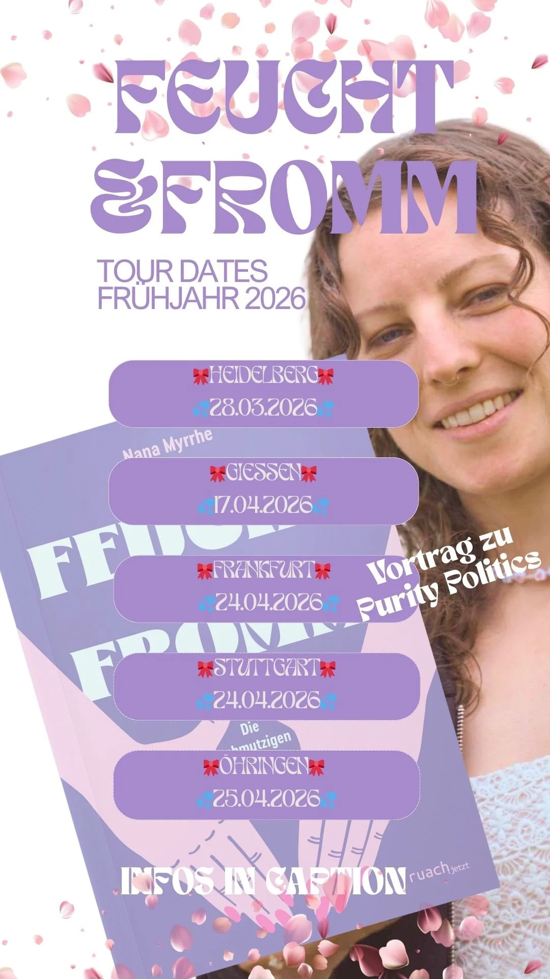 Plakat für die Frühlingstour 2026 mit Tourdaten in Heidelberg, Gießen, Frankfurt, Stuttgart und Oehringen, mit einem Lächelnden Frauenporträt und rosa Blütenblätter im Hintergrund.