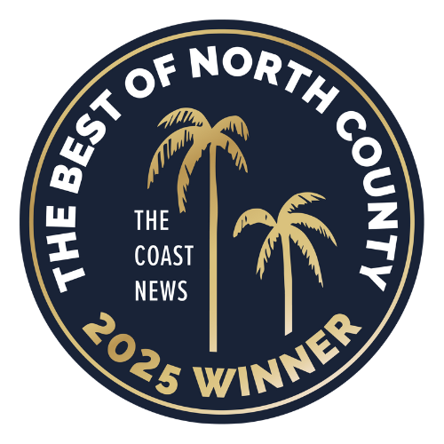 Badge with palm trees and text indicating an award from The Coast News, awarded to North County winner in 2025.