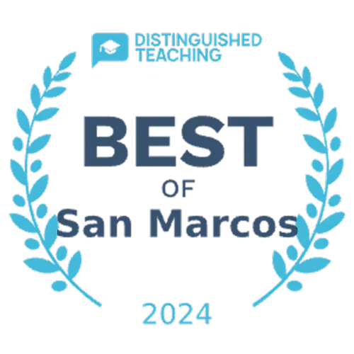Award badge with a blue laurel wreath border, reading "Distinguished Teaching" at the top, "Best of San Marcos" in the center, and "2024" at the bottom.