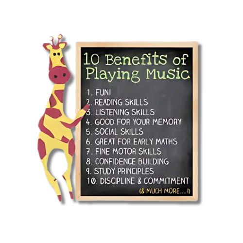 A cartoon giraffe standing next to a blackboard listing 10 benefits of playing music, including fun, reading skills, listening skills, memory, social skills, early math, motor skills, confidence, study principles, and discipline, with the phrase 'and