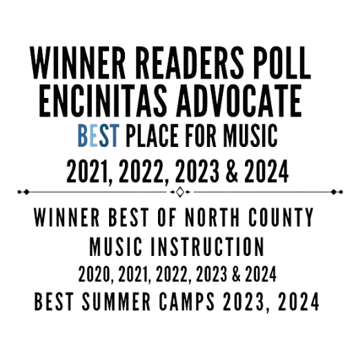 A black background with white text and a blue "BEST" label indicating awards and achievements for a music program, including winning reader polls, being a best place for music from 2021 to 2024, and best of North County music instruction and summer c