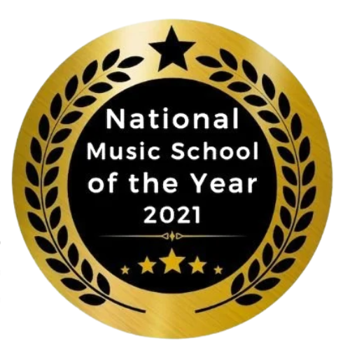 A gold and black circular badge with a star at the top and laurel branches around the edge, reading 'National Music School of the Year 2021' with four stars at the bottom.